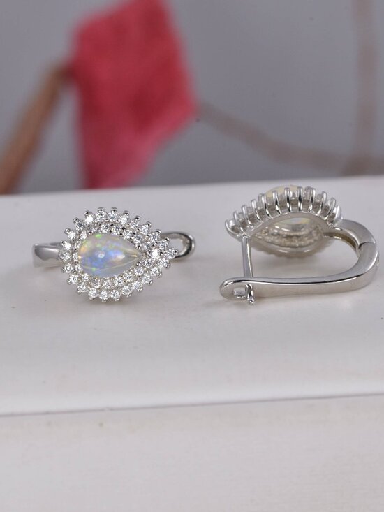 Natural Pear Rainbow Moonstone Dangle Earrings, Diamond 925  Pear Cut Natural Ethopian Double Halo Pear Earrings 925 Sterling Silver